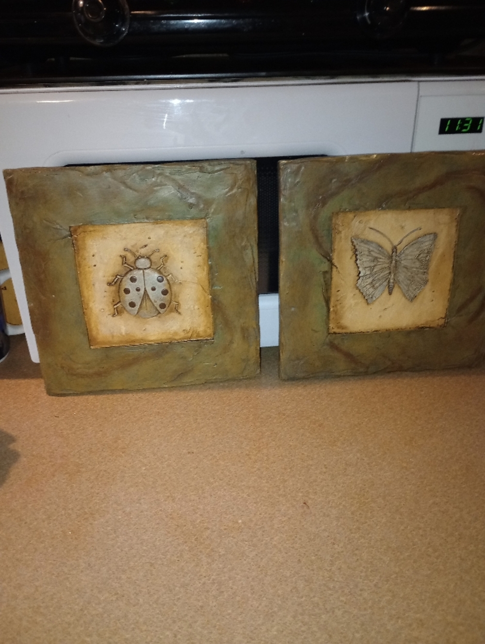 Insect & Butterfly Wall Art Pair - Neutral Green and Beige